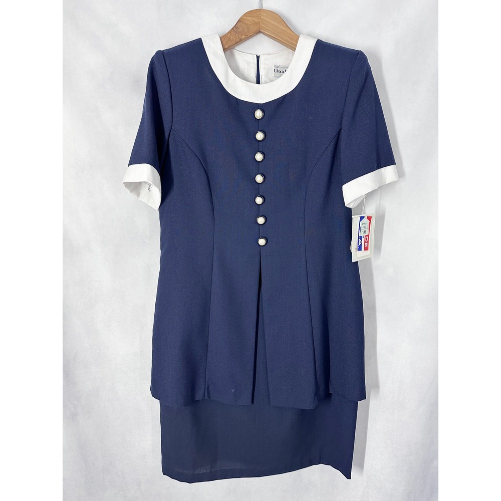 90s Vintage Short Sleeve Navy Blue White Trim Sheath Dress Women's Size 16